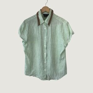 Tracy M‎ Linen Shirt M Green Beaded Collar Button Down Boho Cottagecore Chic